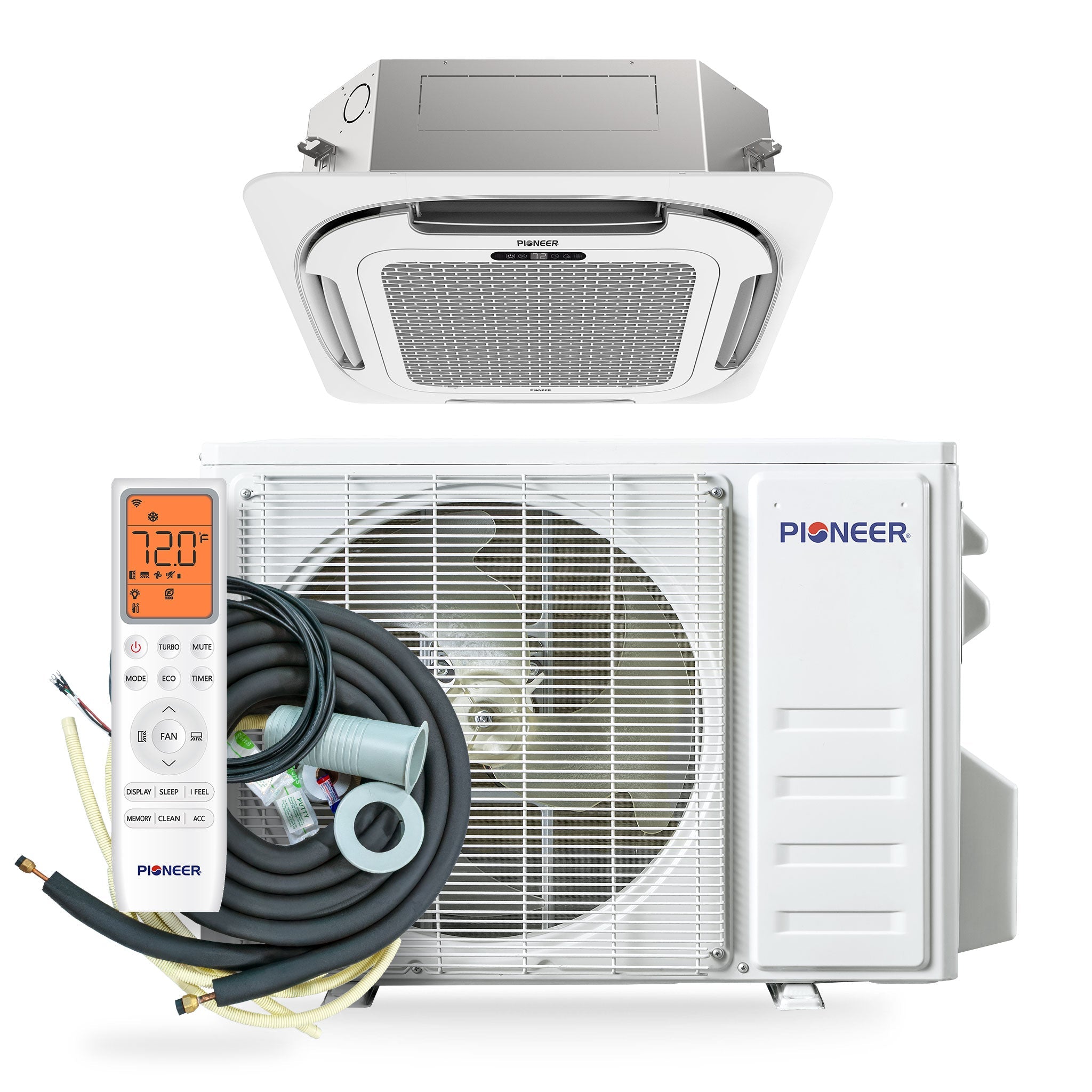 Pioneer® Quantum Ultra™ 12,000 BTU 22 SEER2 230V 8-Way Ceiling Cassette Ductless Mini-Split Air Conditioner Inverter Heat Pump Full Set