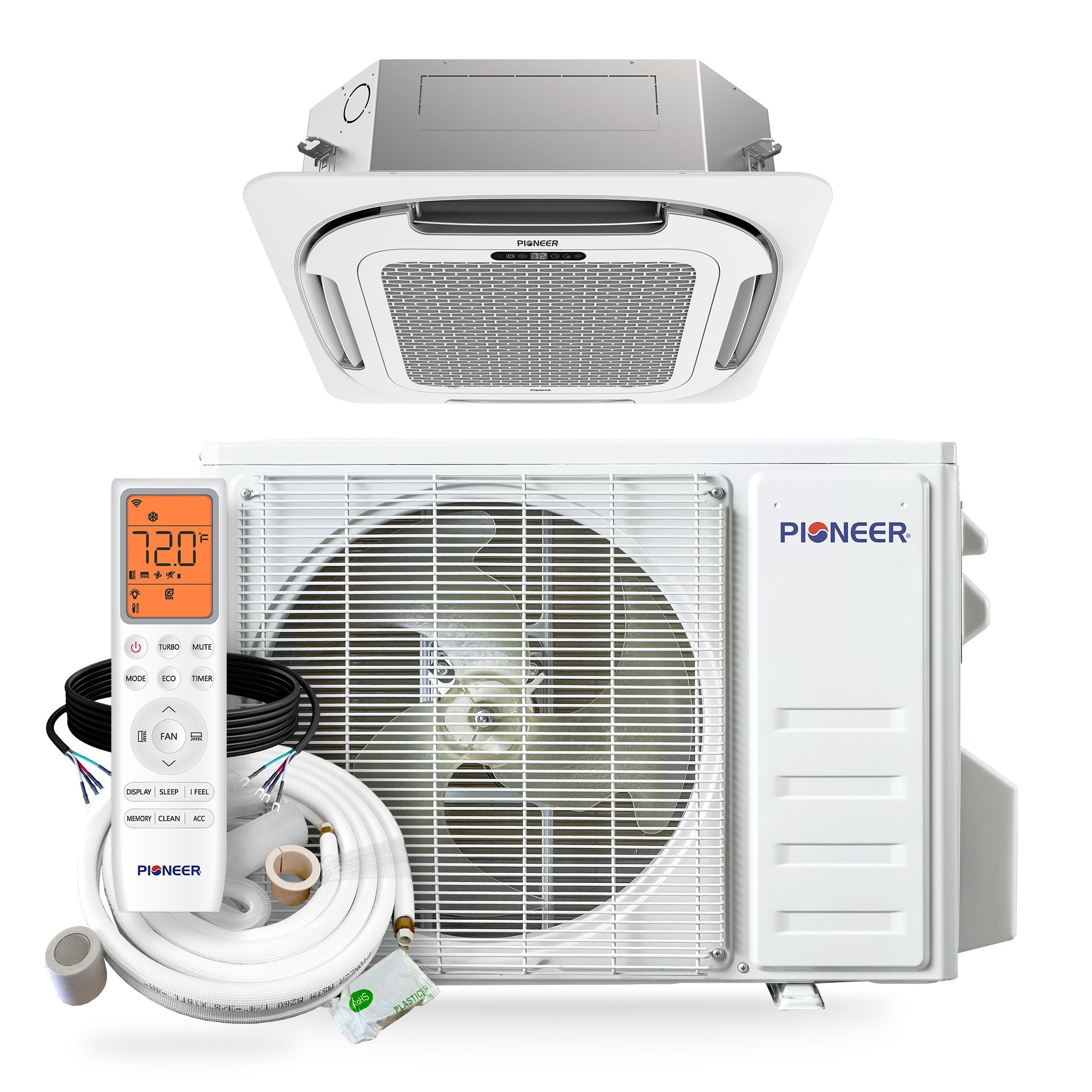 Pioneer® Quantum Ultra™ 12,000 BTU 22 SEER2 230V 8-Way Ceiling Cassette Ductless Mini-Split Air Conditioner Inverter Heat Pump Full Set