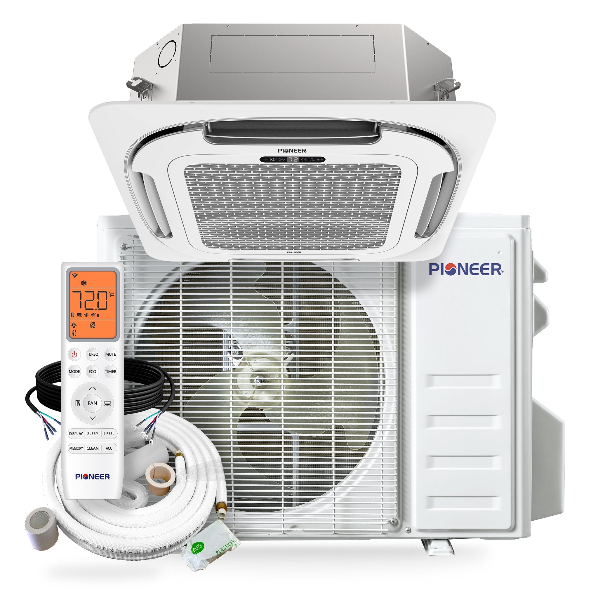 Pioneer® Quantum Ultra™ 24,000 BTU 22.5 SEER2 230V 8-Way Ceiling Cassette Ductless Mini-Split Air Conditioner Inverter Heat Pump Full Set