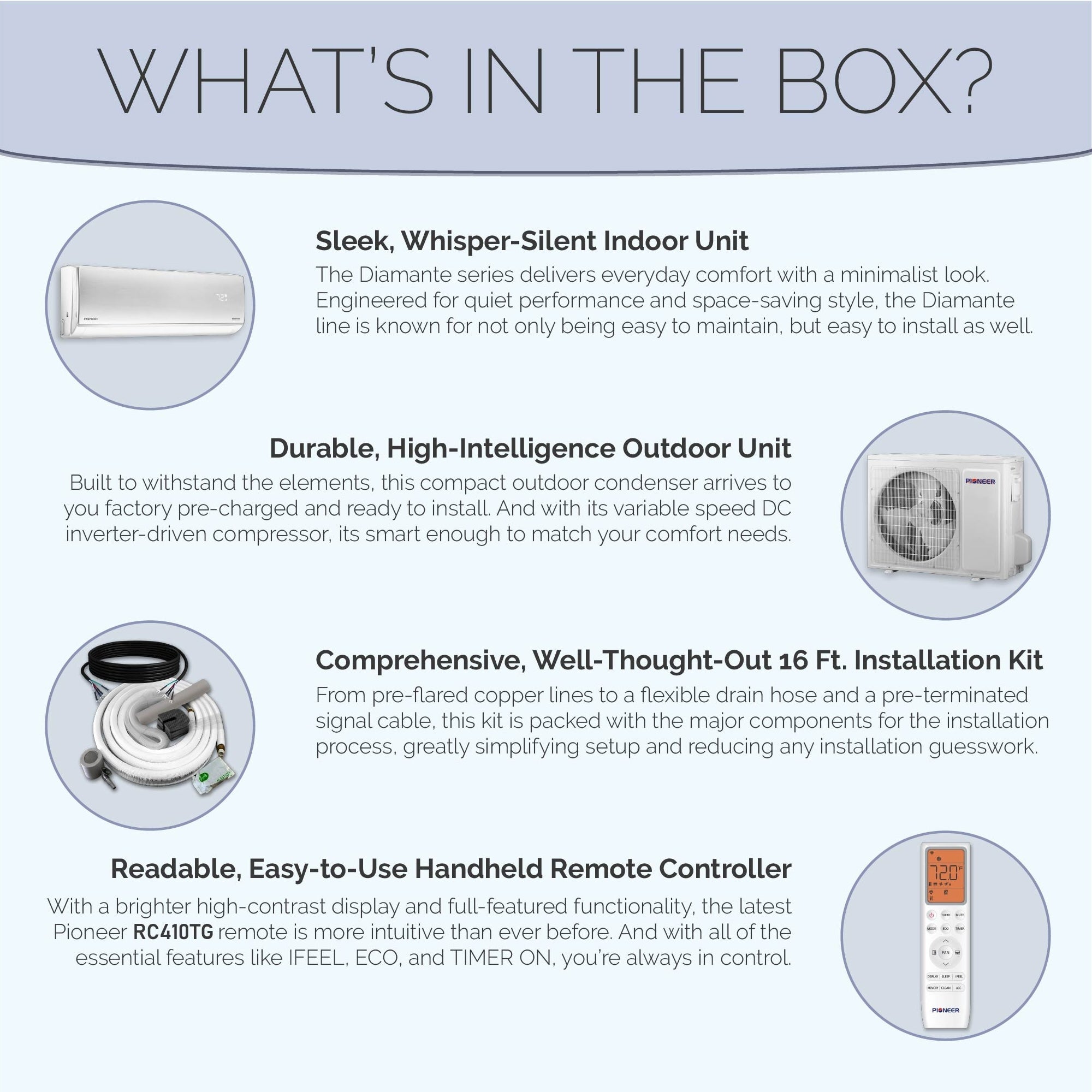 Pioneer® Diamante Essenza™ 23,000 BTU 17 SEER2 230V High-Wall Ductless Mini-Split Air Conditioner Inverter Heat Pump with 16 Ft. Kit